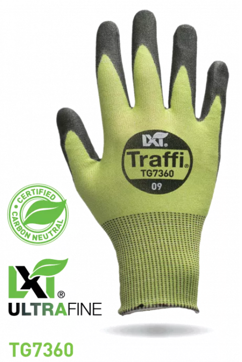 Traffi® TG7360 Eco-Friendly LXT® Carbon Neutral X-Dura Polyurethane Coated 18-gauge seamless knit green A6 Cut Safety Work Gloves